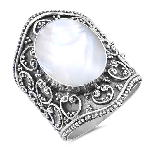 925 Sterling Silver Hearts Bali & Mother of Pearl Ring