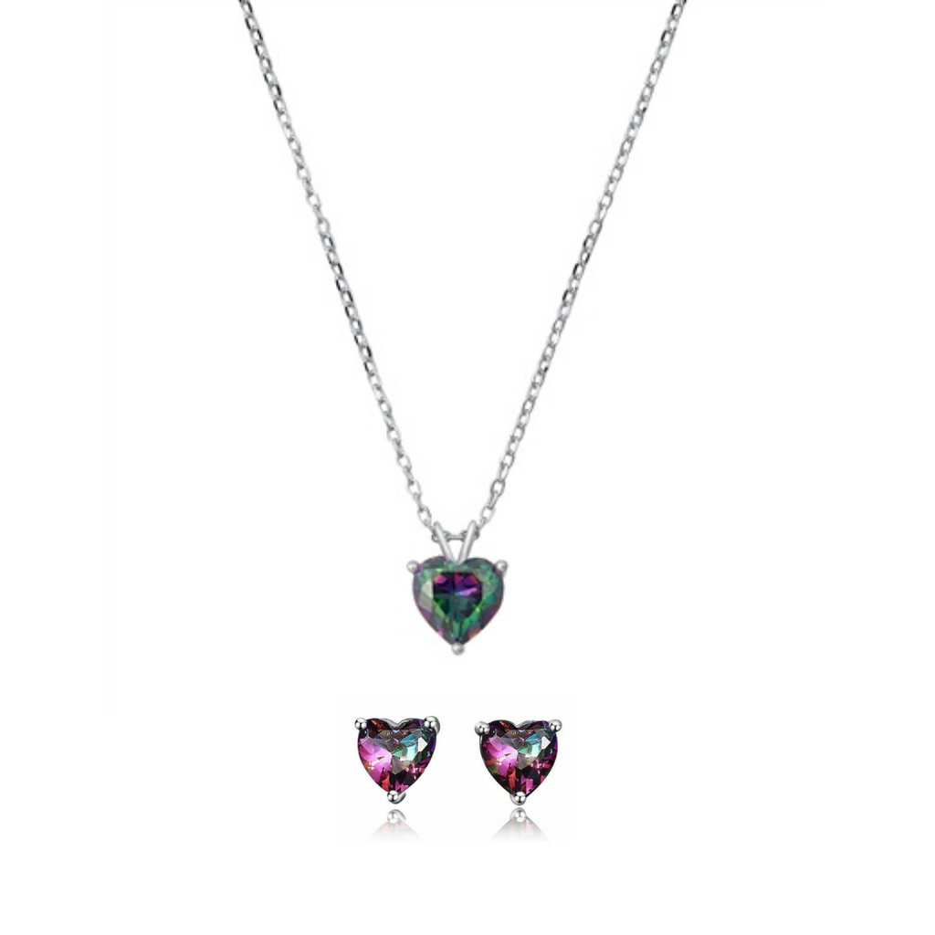 925 Sterling Silver Rainbow CZ Heart Pendant & Earrings Set