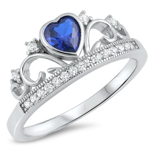 925 Sterling Silver Blue Sapphire Heart & CZ Crown Ring