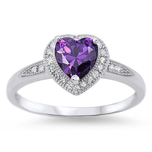 925 Sterling Silver Halo Style Heart Amethyst CZ Promise Ring