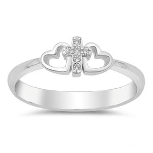 925 Sterling Silver Cross and Hearts CZ Ring