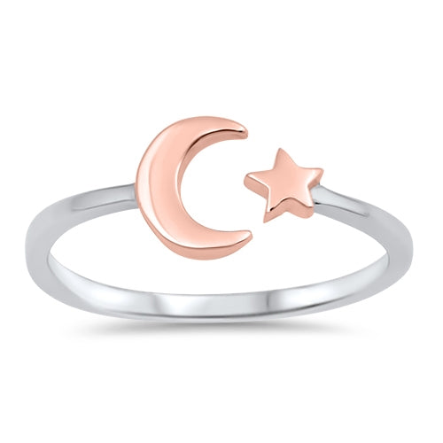 925 Sterling Silver Rose Gold Solid Moon & Star Ring