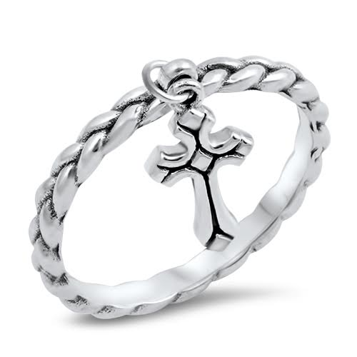 925 Sterling Silver Dangling Cross Rope Band Ring