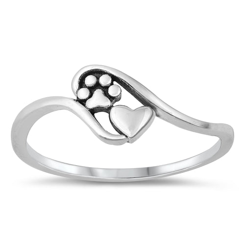 925 Sterling Silver Paw Print and Heart Ring