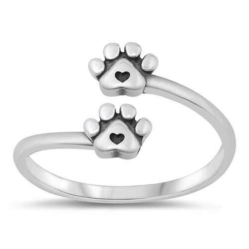 925 Sterling Silver Paws & Hearts Adjustable Ring