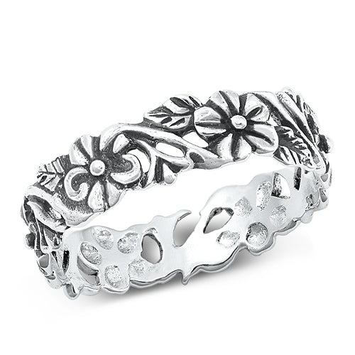 925 Sterling Silver Leaves & Flowers Silver Ring