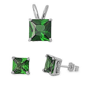 925 Sterling Silver Emerald CZ Princess Cut Pendant & Earrings Set mi