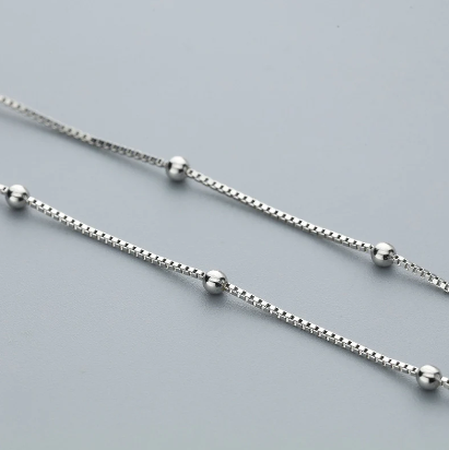 925 Sterling Silver Italian Box Chain & Beads Anklet