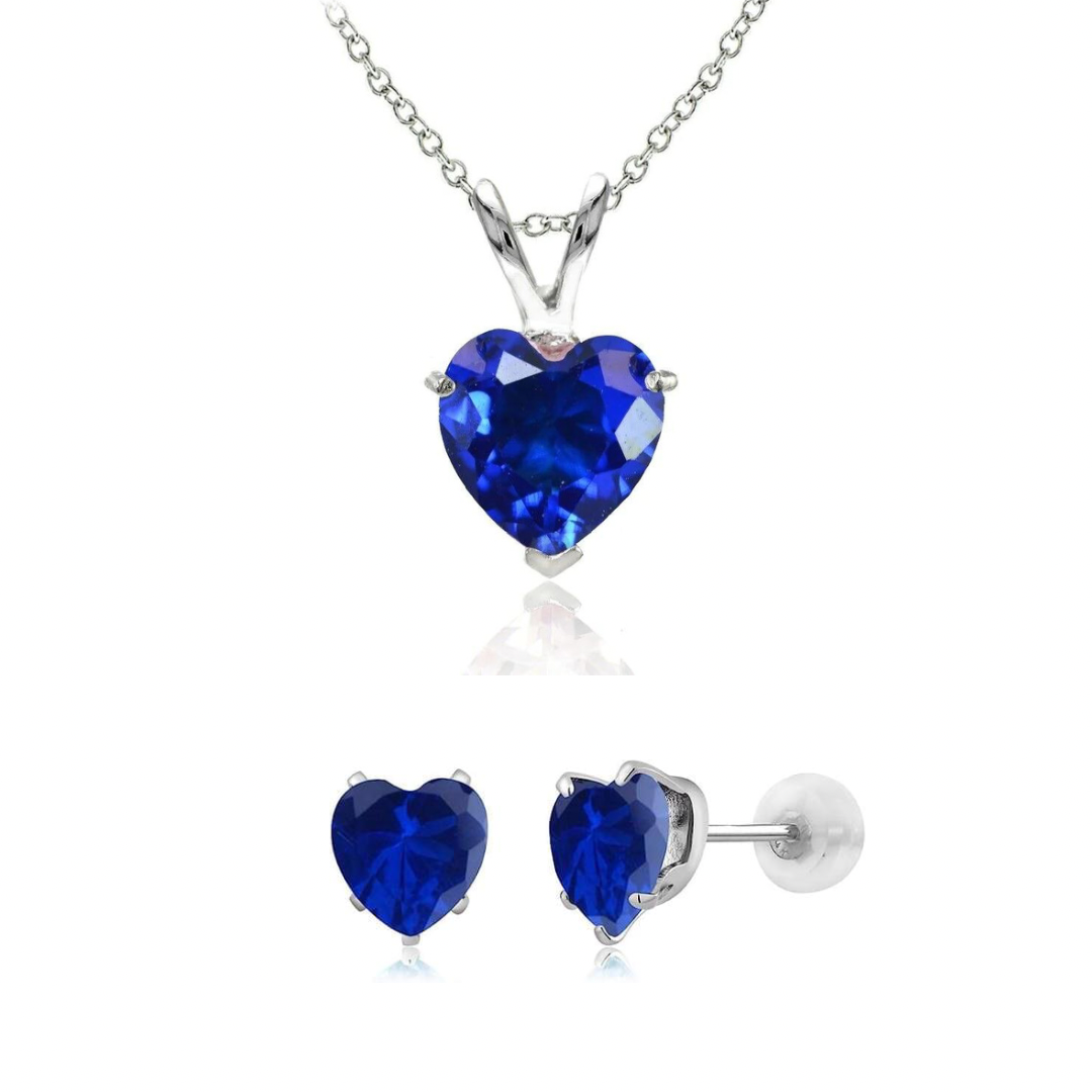 925 Sterling Silver Blue Sapphire CZ Heart Pendant & Earrings Set