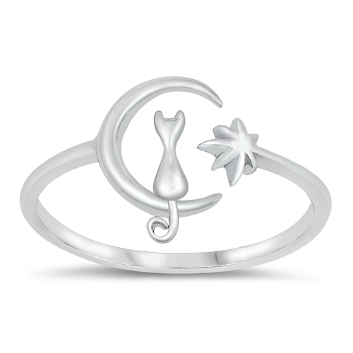 925 Sterling Silver Moon Cat Ring