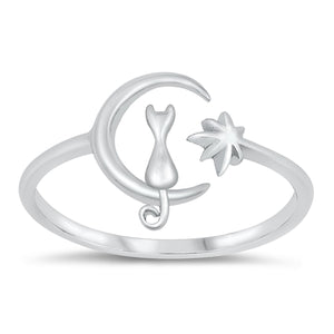 925 Sterling Silver Moon Cat Ring