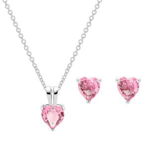 925 Sterling Silver Pink CZ Heart Pendant & Earrings Set