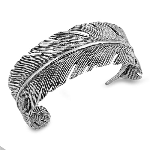 925 Sterling Silver Adjustable Feather Bangle Bracelet