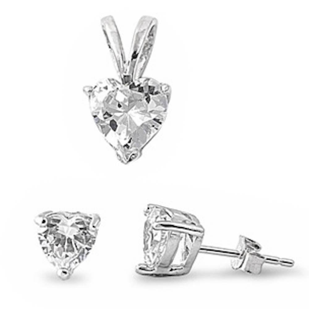925 Sterling Silver Clear CZ Heart Pendant & Earrings Set