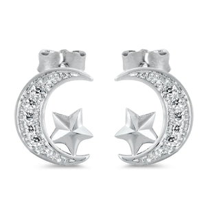 925 Sterling Silver Moon and Star CZ Earrings