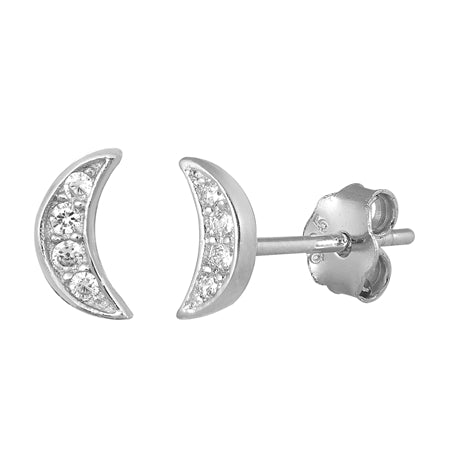 925 Sterling Silver Crescent Moon CZ Earrings
