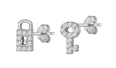 925 Sterling Silver Lock & Key CZ Stud Earrings