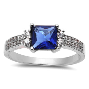 925 Sterling Silver Princess Cut Blue Sapphire CZ Ring