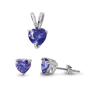 925 Sterling Silver Tanzanite CZ Heart Pendant & Earrings Set