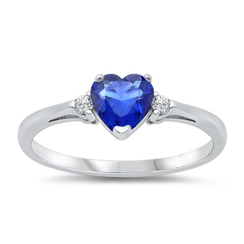925 Sterling Silver Blue Sapphire Heart & CZ Ring