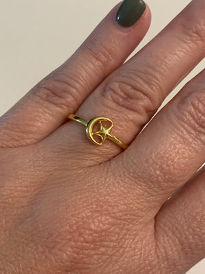 925 Sterling Silver Gold Plated Crescent Moon & Star Ring