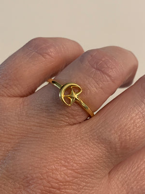 925 Sterling Silver Gold Plated Crescent Moon & Star Ring
