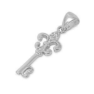 925 Sterling Silver Fleur De Lis Key CZ Pendant