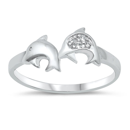 925 Sterling Silver Dolphins CZ Ring
