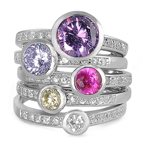 925 Sterling Silver Round Bezel Color & Clear CZ Ring Set