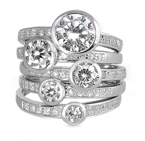 925 Sterling Silver Round Bezel Clear CZ Ring Set