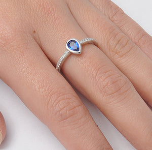 Pear Shape Blue Sapphire & Cz 925 Sterling Silver Ring