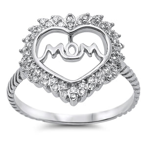 925 Sterling Silver CZ Heart MOM Ring