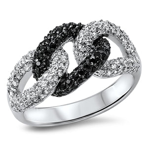 925 Sterling Silver Chain Link Black & Clear CZ Ring