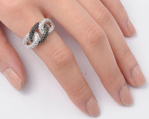 925 Sterling Silver Chain Link Black & Clear CZ Ring