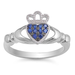 925 Sterling Silver Claddagh Blue Sapphire CZ Ring
