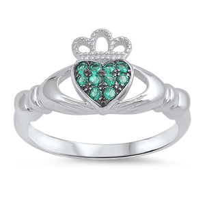 925 Sterling Silver Claddagh Emerald CZ Ring