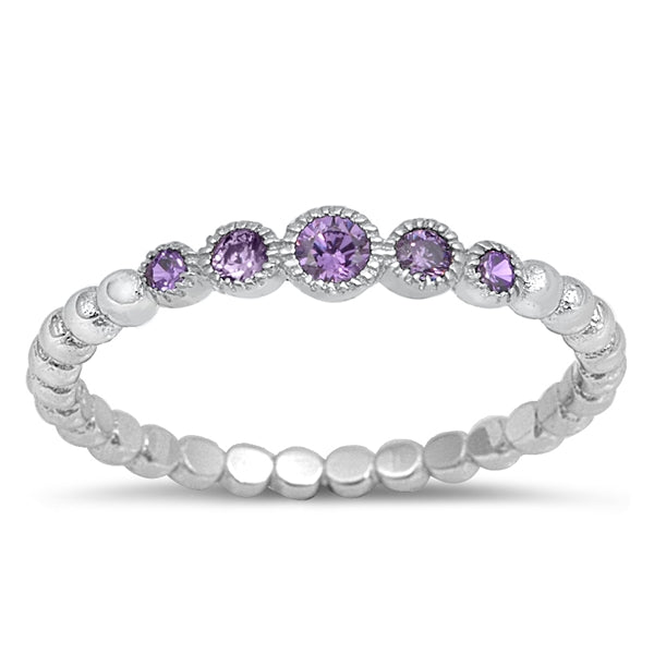 925 Sterling Silver Round Amethyst CZ Beaded Ring
