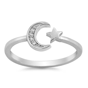 925 Sterling Silver CZ Crescent Moon & Star Adjustable Ring