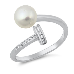 925 Sterling Silver Pearl and CZ Ring