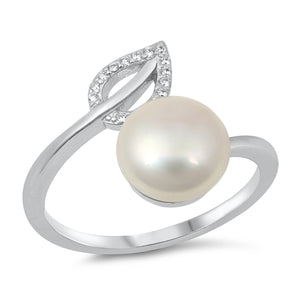 925 Sterling Silver Pearl & Leaf CZ Ring