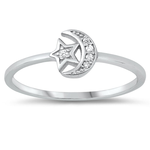 925 Sterling Silver Moon and Star CZ Ring