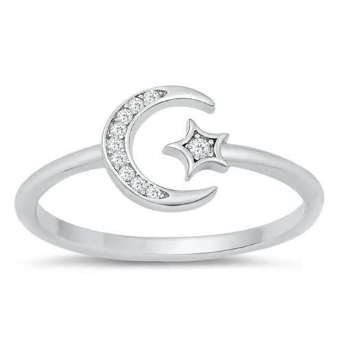 925 Sterling Silver Moon & Star CZ Adjustable Ring