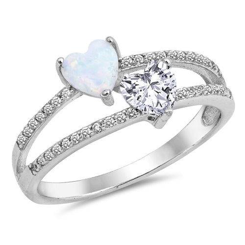 925 Sterling Silver Double Hearts  White Opal & Clear CZ Ring