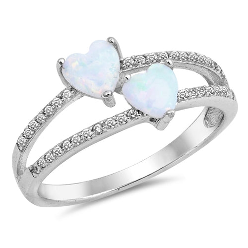 925 Sterling Silver White Opal Double Hearts CZ Ring