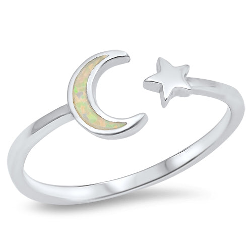 925 Sterling Silver White Opal Moon & Star Ring