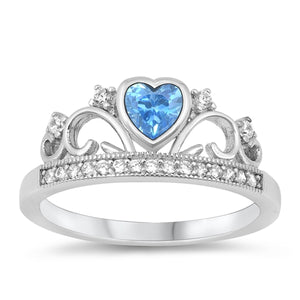 925 Sterling Silver Aquamarine Heart & CZ Crown Ring