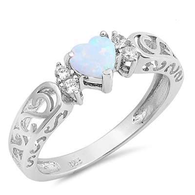 925 Sterling Silver White Opal Heart & Spiral Design CZ Ring