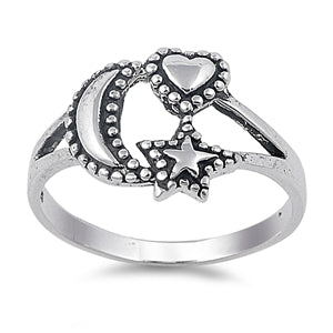 925 Sterling Silver Moon, Star and Heart Ring
