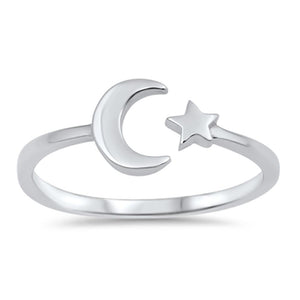 925 Sterling Silver Solid Moon & Star Ring