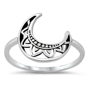 925 Sterling Silver Bali Mandala Crescent Moon Ring